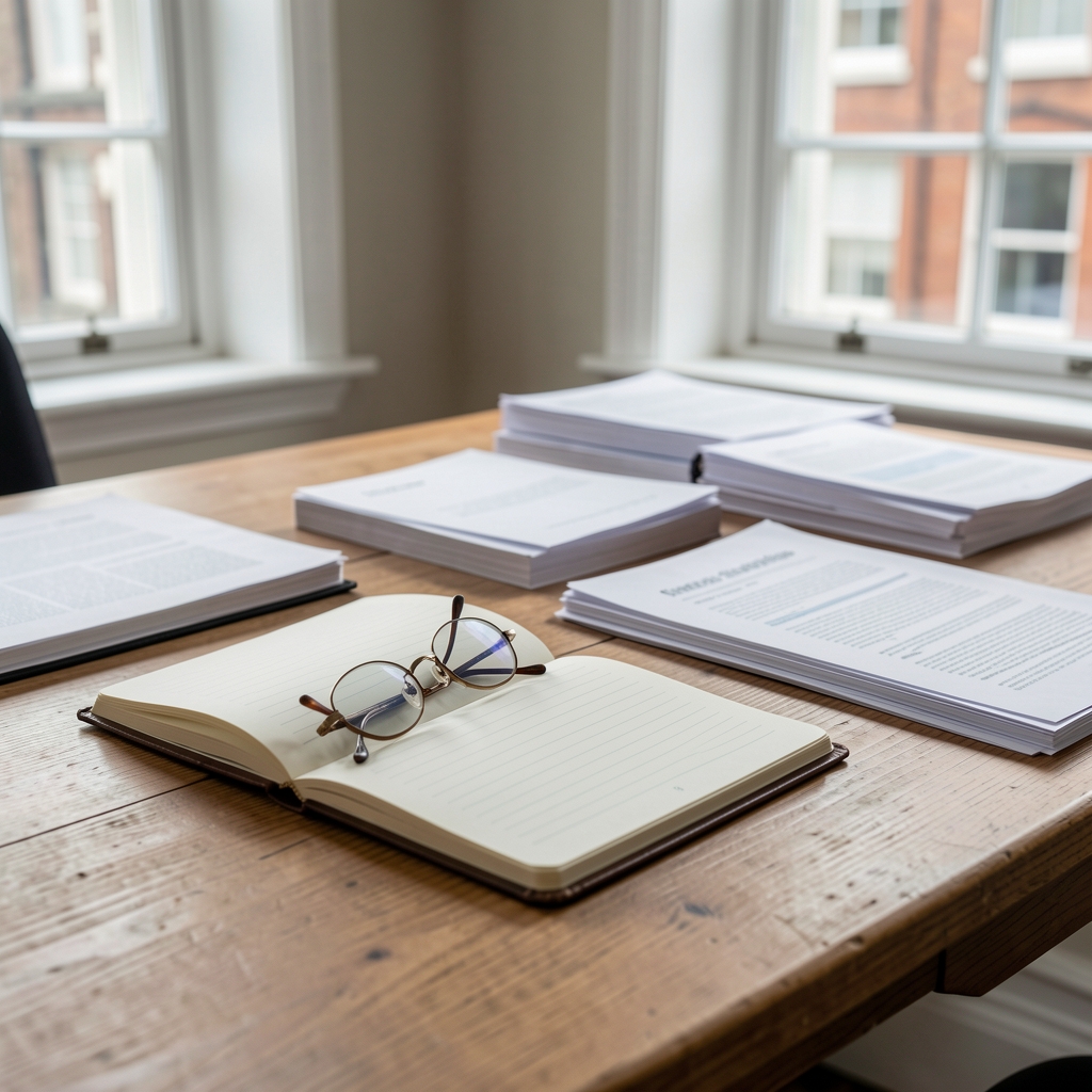 Editorial desk in London with an open notebook, reading glasses and neatly arranged research papers