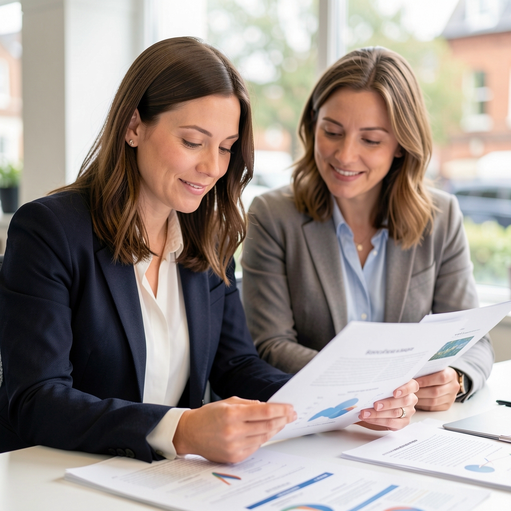Two editorial colleagues reviewing printed health research at a bright London studio table