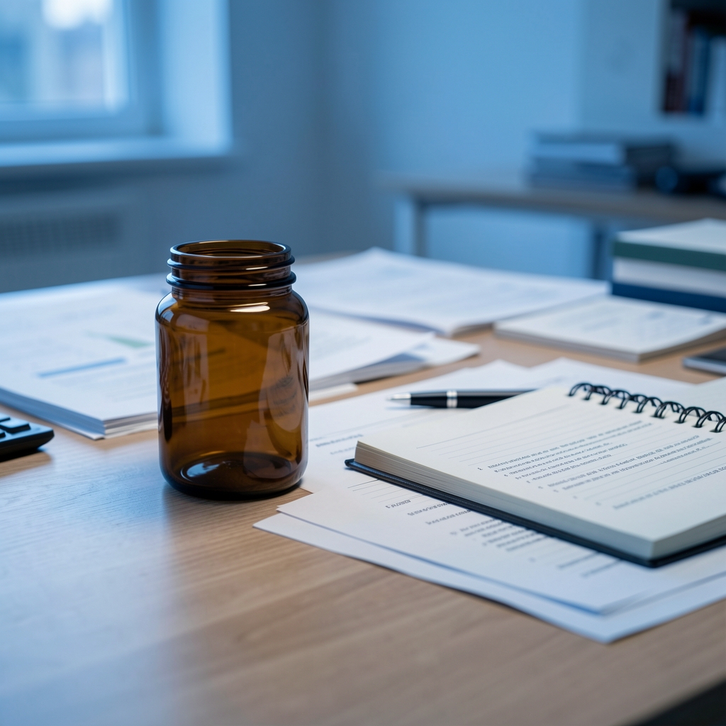 Small amber jar beside a notebook and research papers on an editorial desk with soft blue light