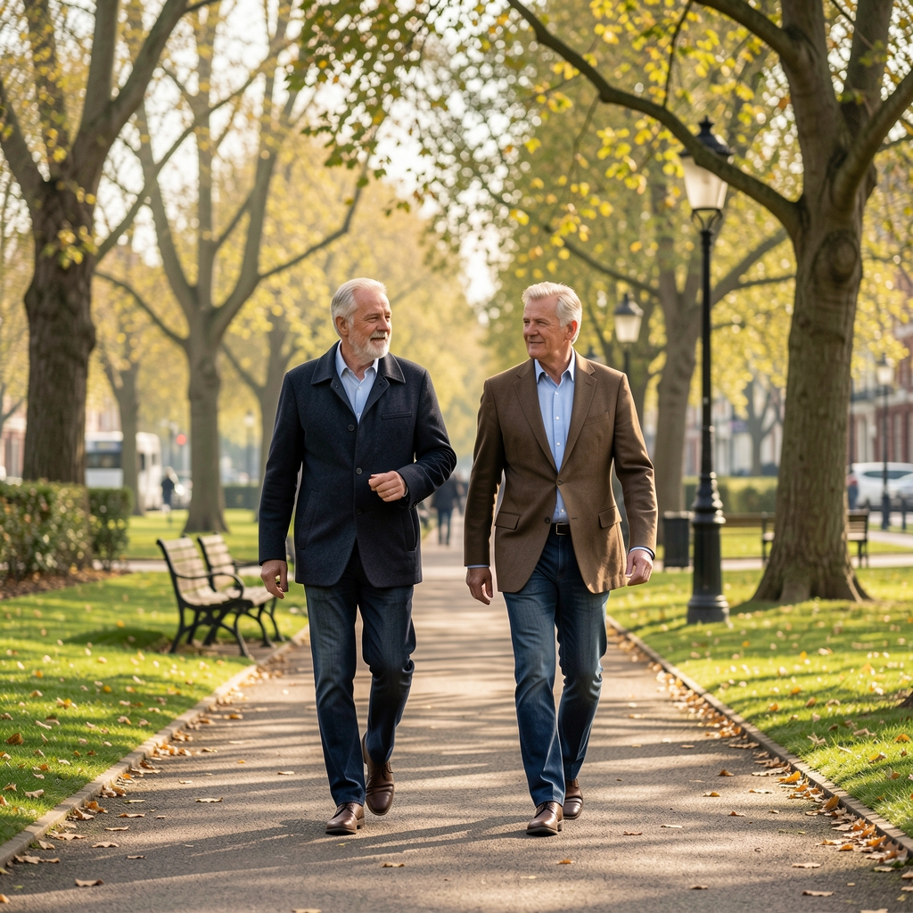 Mature couple walking briskly through a leafy London park in clear morning light