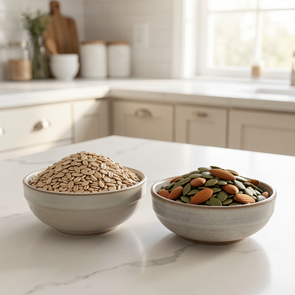 Whole grains, almonds and pumpkin seeds in ceramic bowls on a bright kitchen counter