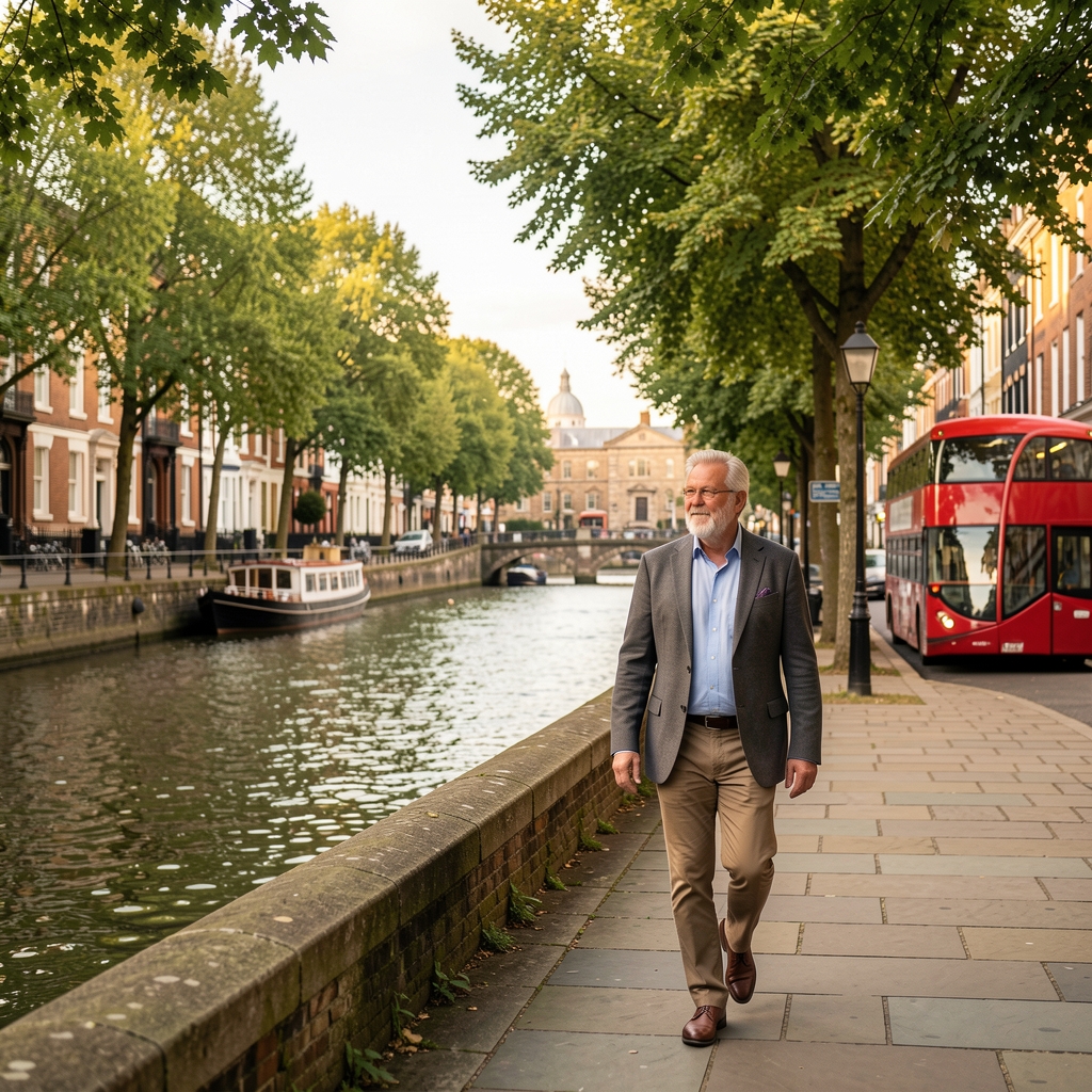 Mature person strolling beside a London canal with trees and gentle afternoon light