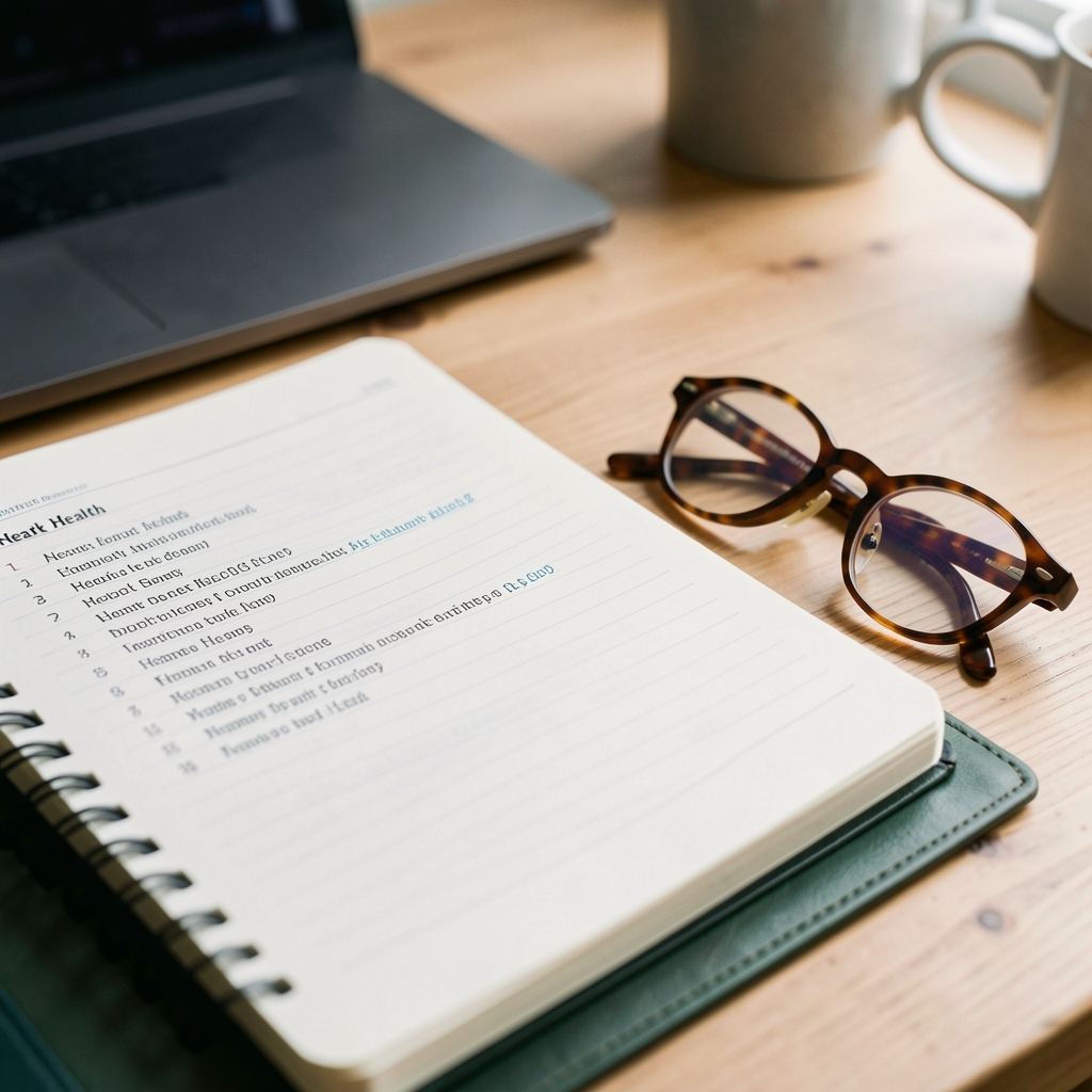 Close view of a notebook beside a heart health reading list and spectacles on an editorial desk