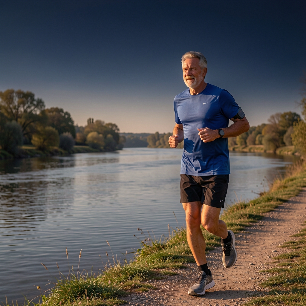 Quiet London morning scene with a mature runner beside a river and soft navy sky