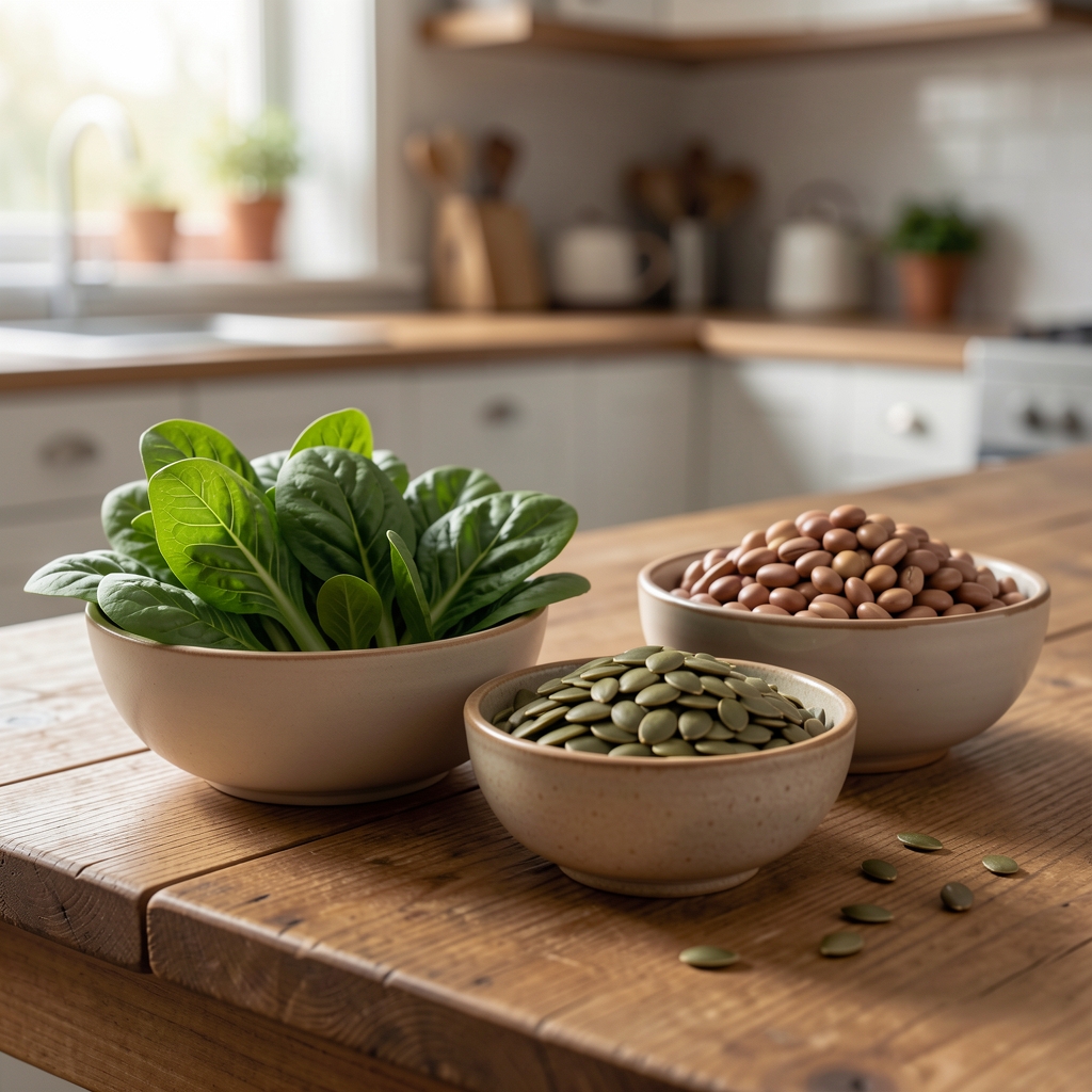 Green leafy vegetables, pumpkin seeds and beans displayed in small bowls on a kitchen table
