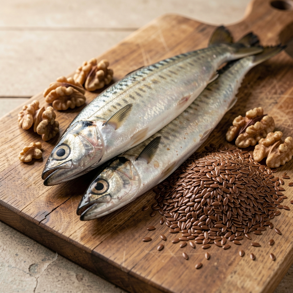 Oily fish, walnuts and ground flaxseed arranged beside a wooden kitchen board