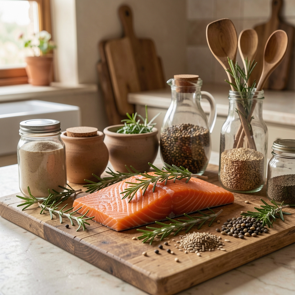 Mediterranean-style kitchen ingredients with salmon, herbs and seeds arranged in natural light