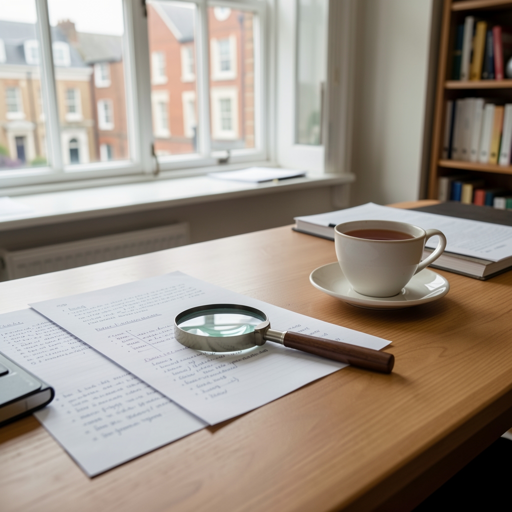 Editorial desk with magnifying glass, printed study notes and a cup of tea in a London office