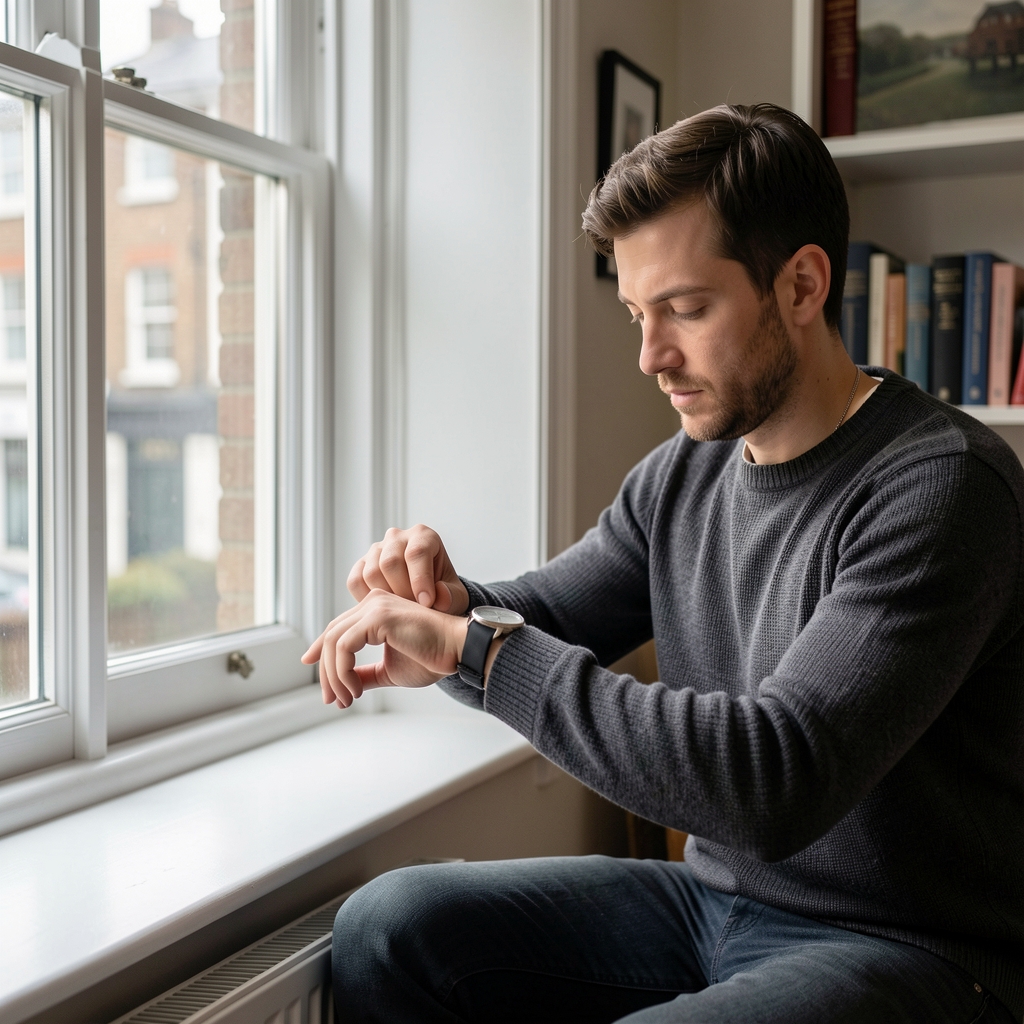 Person seated quietly near a window checking a simple watch in a calm London home