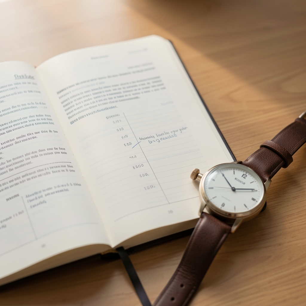 Open journal recording morning pulse observations beside a simple analogue watch